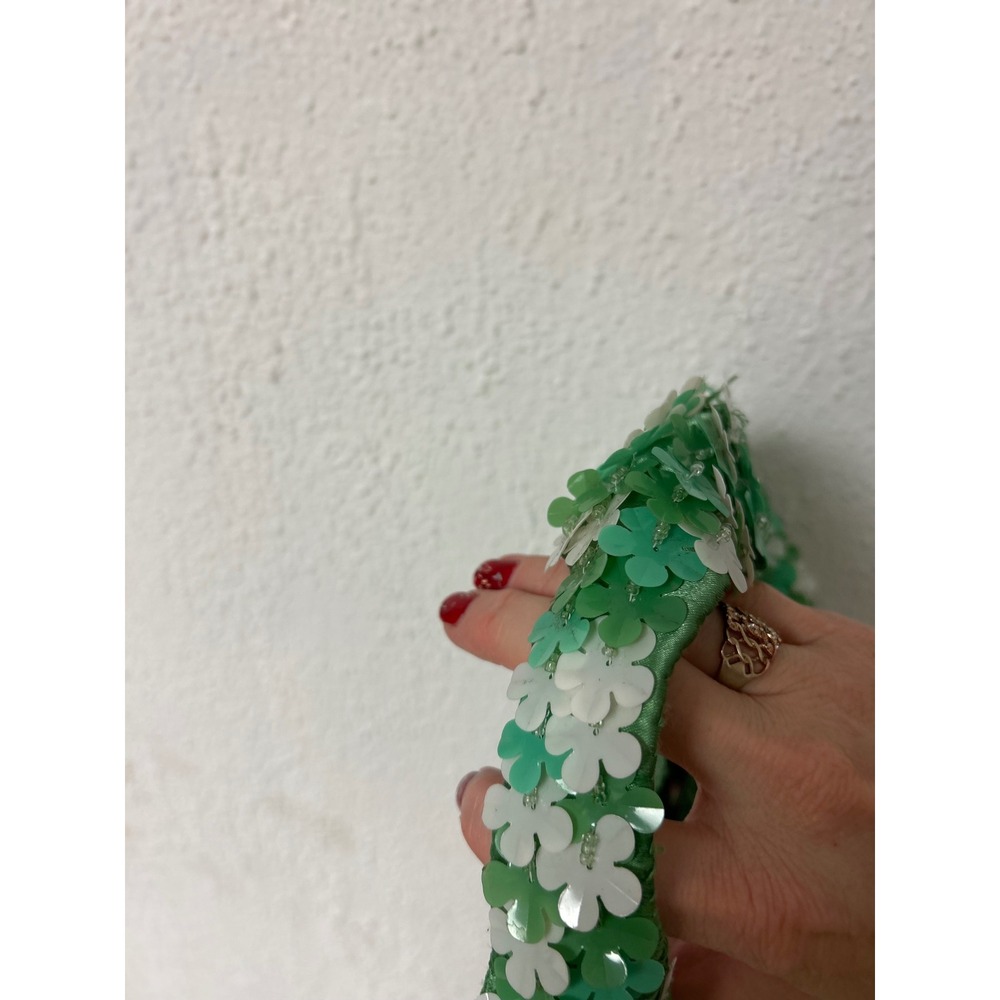 Handcrafted Floral Sequin Mini Bag Green White Beaded Fringe Viral TikTok Purse - Picture 4 of 5